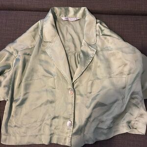 Zara Light Sage Silk-Look Cropped Button Crop Top